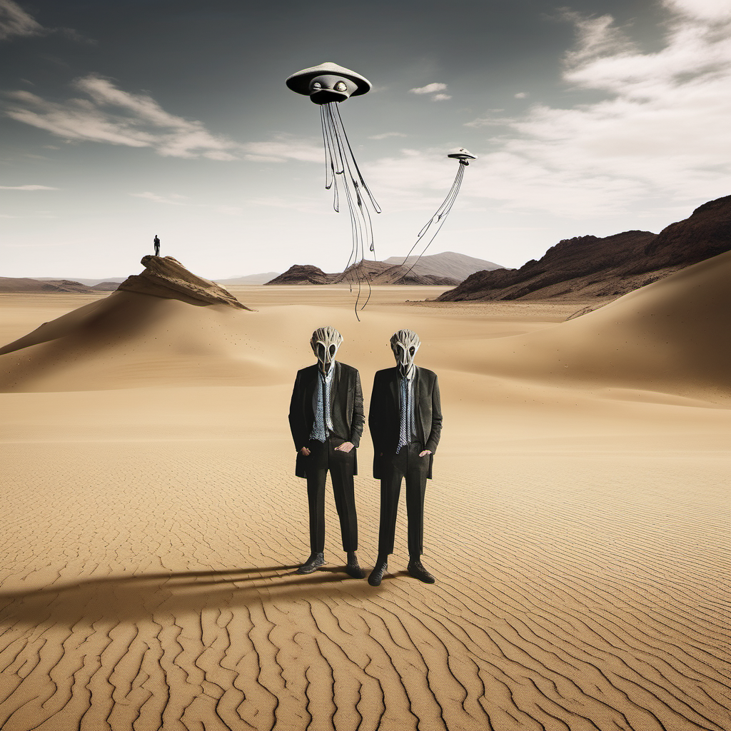 surrealism New Zealand desert five men alien