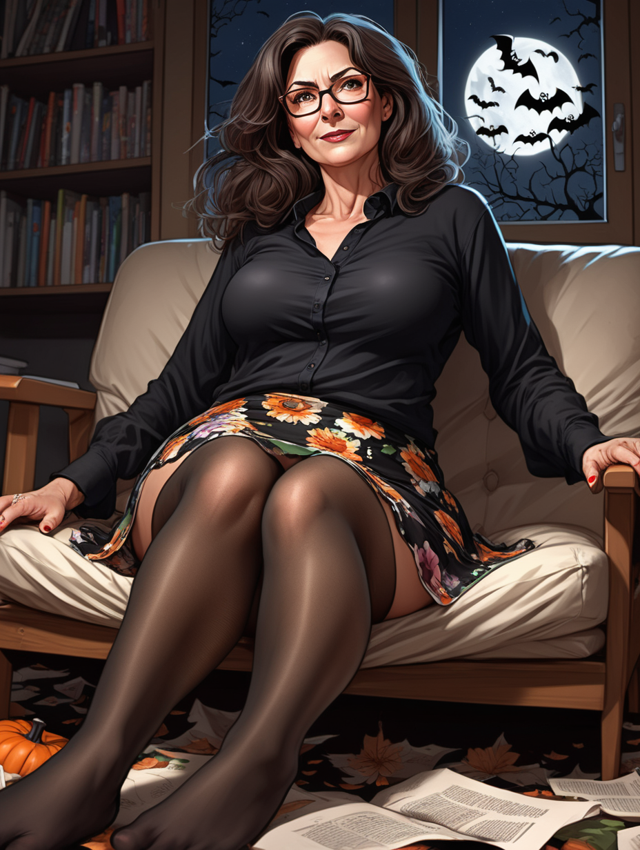 Beautiful, mature, brunette woman, teacher, glasses, [ripped open] (black) shirt & (flowy)floral skirt, reclined, halloween night[Detailed comic book art style] , thick pantyhose legs