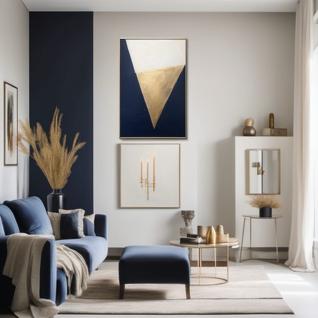 A bright and minimalist home interior bathed in natural light, where the painting "Starlight" (50cm in width and 70cm in length) hangs with proportional grace. The artwork's navy, cream, and gold hues resonate with a modern and minimalistic ambiance, creating a radiant space that's both contemporary and inviting.