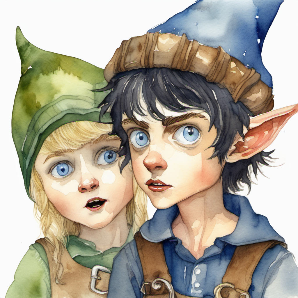 A watercolor painting of a frightened young dark haired pixie with blue eyes wearing an acorn hat who has just been rescued by a middle-aged blond male elf
