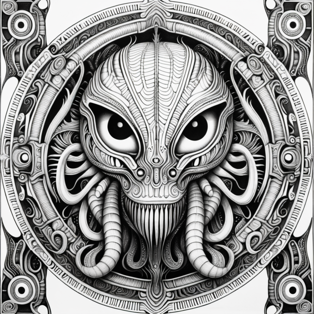black & white, coloring page, high details, symmetrical mandala, strong lines, eye beast in style of H.R Giger
