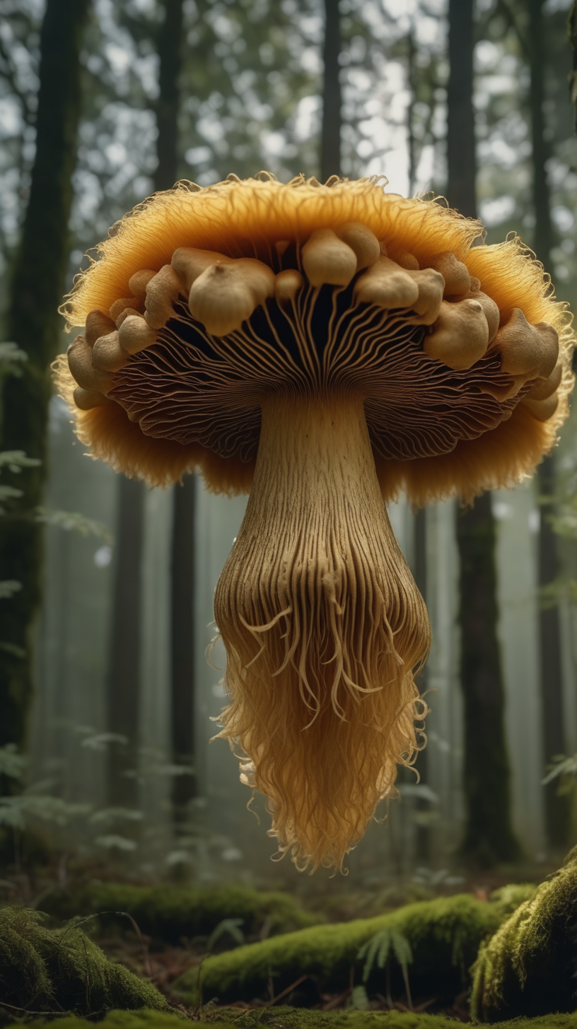 golden lions mane mushroom floating above trees in a forest 4k