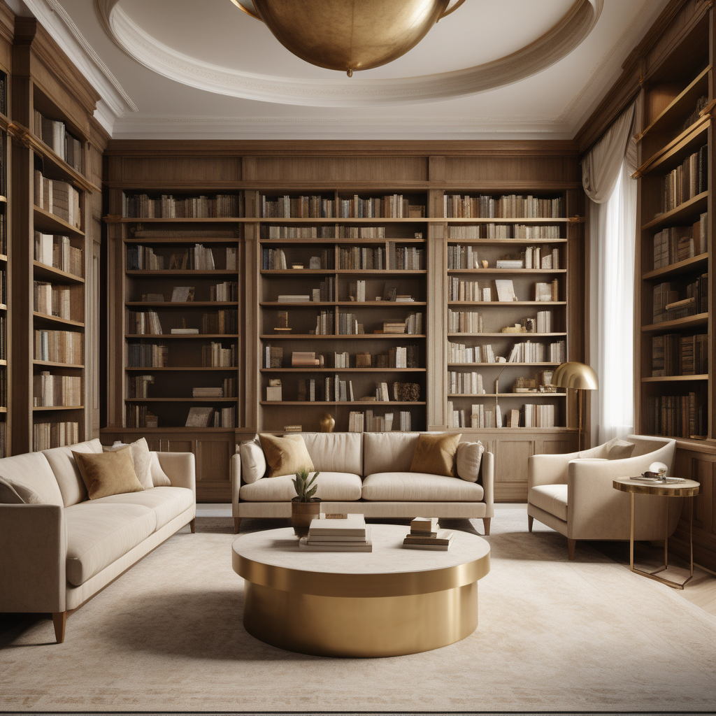 a hyperrealistic image of a grand modern Jerusalem-inspired estate home library; Beige, oak, brass colour palette; 
