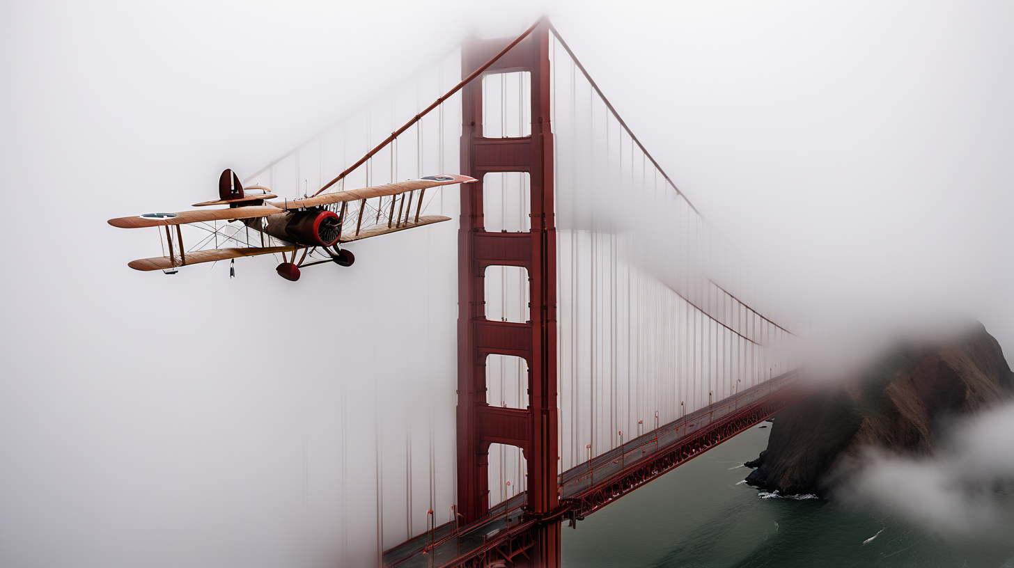 WW1 plane flying over Golden Gate bridge shrouded in fog 