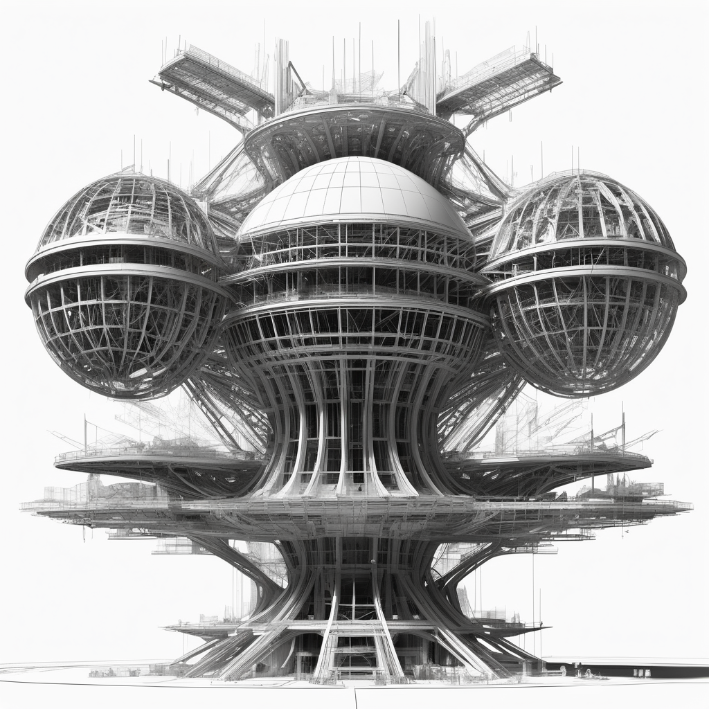 black and white exploded view blueprints of futuristic space mega structure