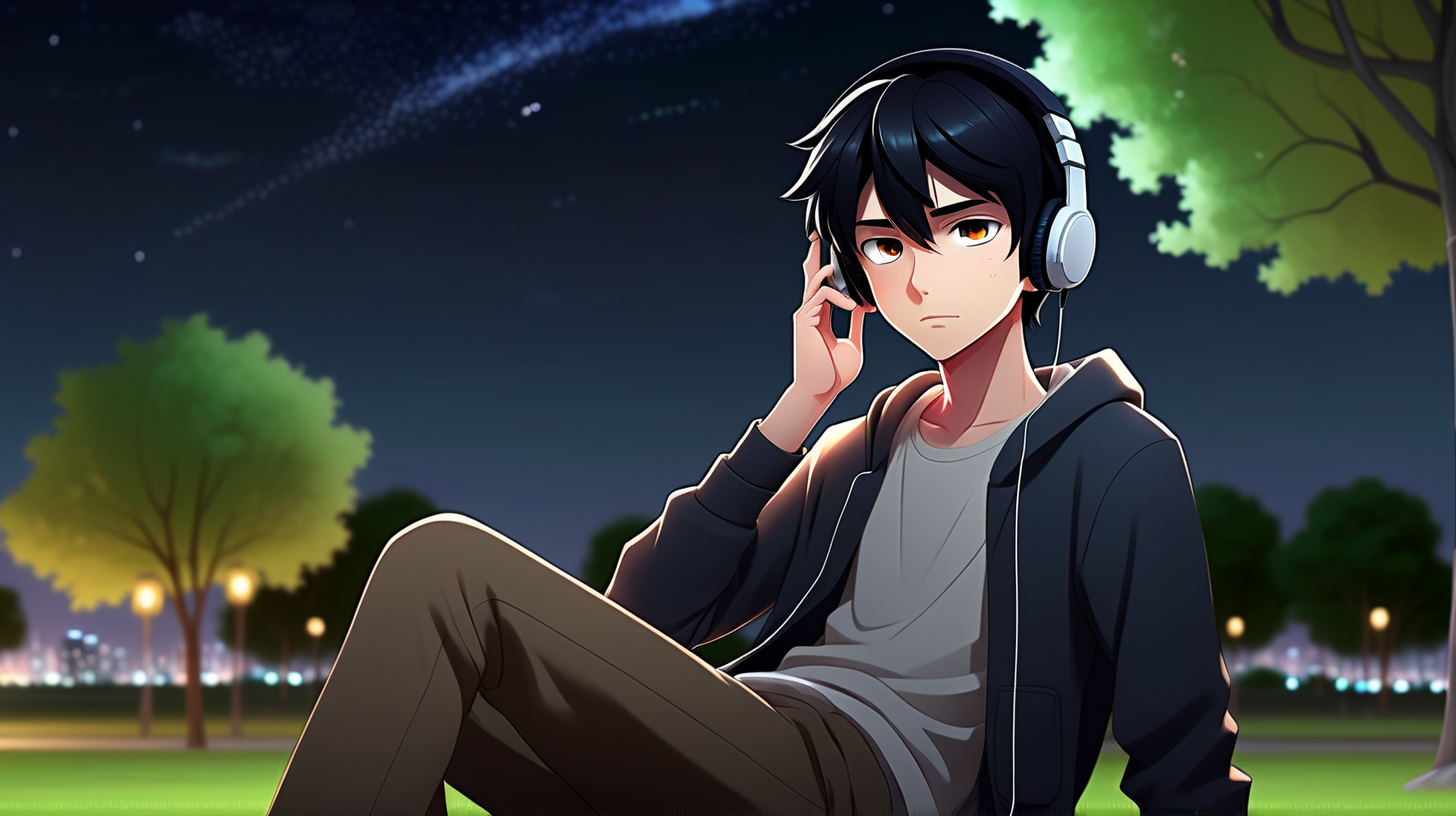 Late one night young anime man is sitting