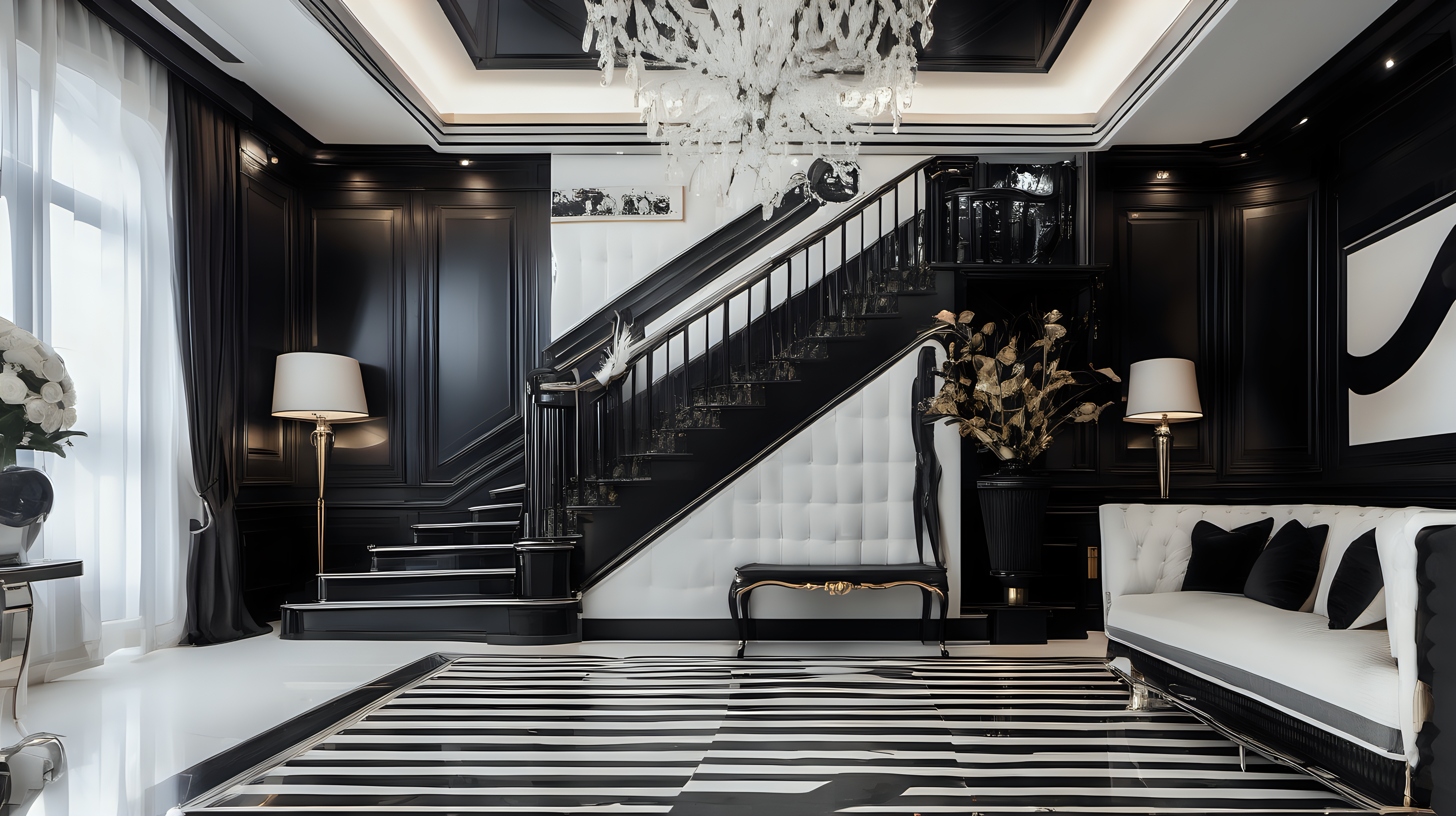 one cozy Interior stairs with black and white luxury details