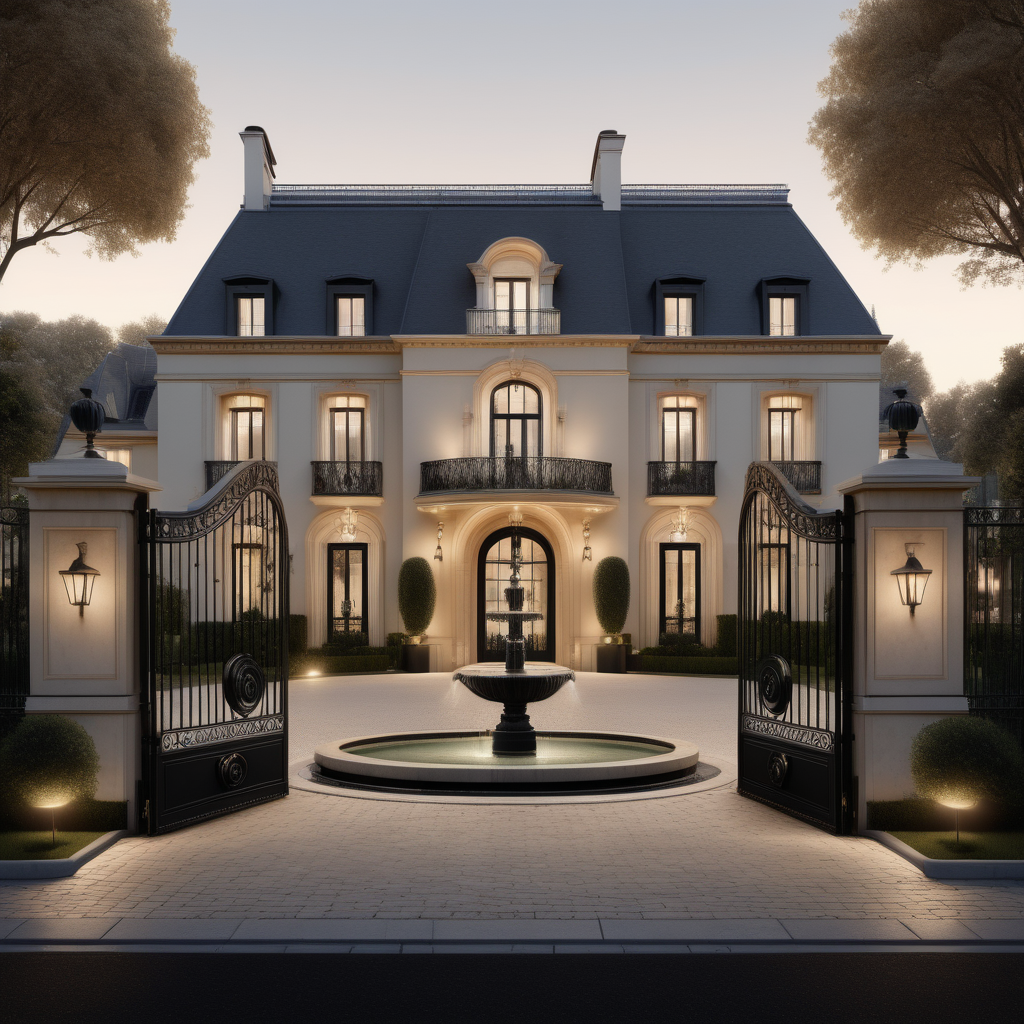 a hyperrealistic of an elegant Modern Parisian estate home exterior with mood lighting, a circular driveway with fountain at the centre behind black wrought iron gates in a beige oak brass and black colour palette 
