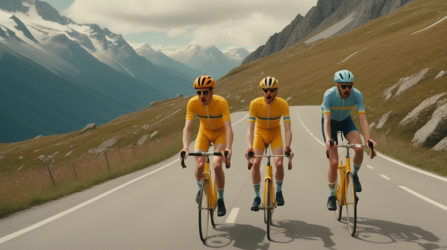 2 amateur cyclists riding road bicycles up a windy alpine road in the style of a  wes anderson film