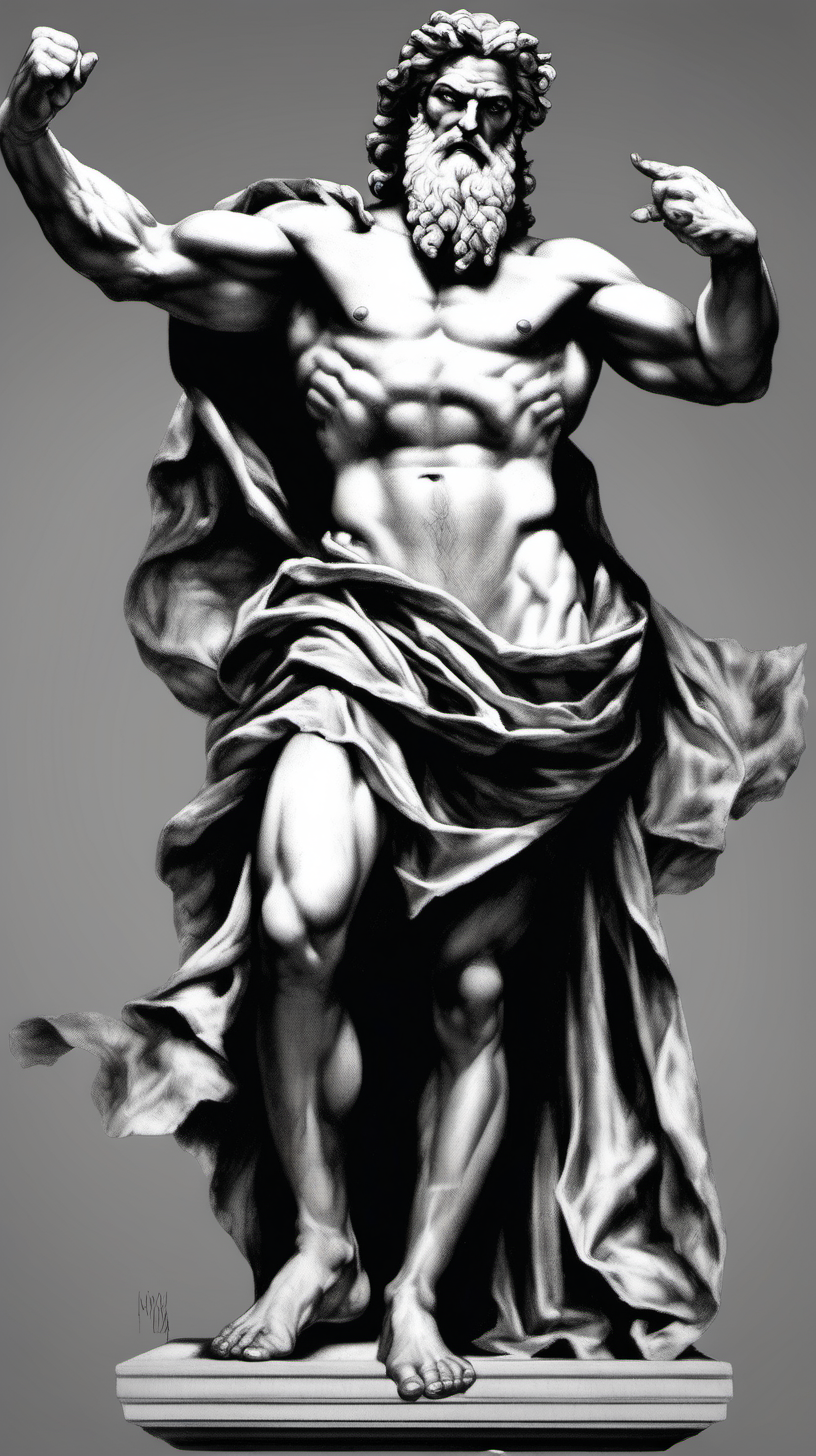 /imagine prompt : a hyper realistic black and gray Michelangelo drawing, feauteted  great zeus ,He rules over other gods, gods & goddesses greek mytology
/describe :  full body, standing ,whole subjects in the box.
-no cut
<background>thunder and lightning
<style>pencil drawing
_ar 9:16