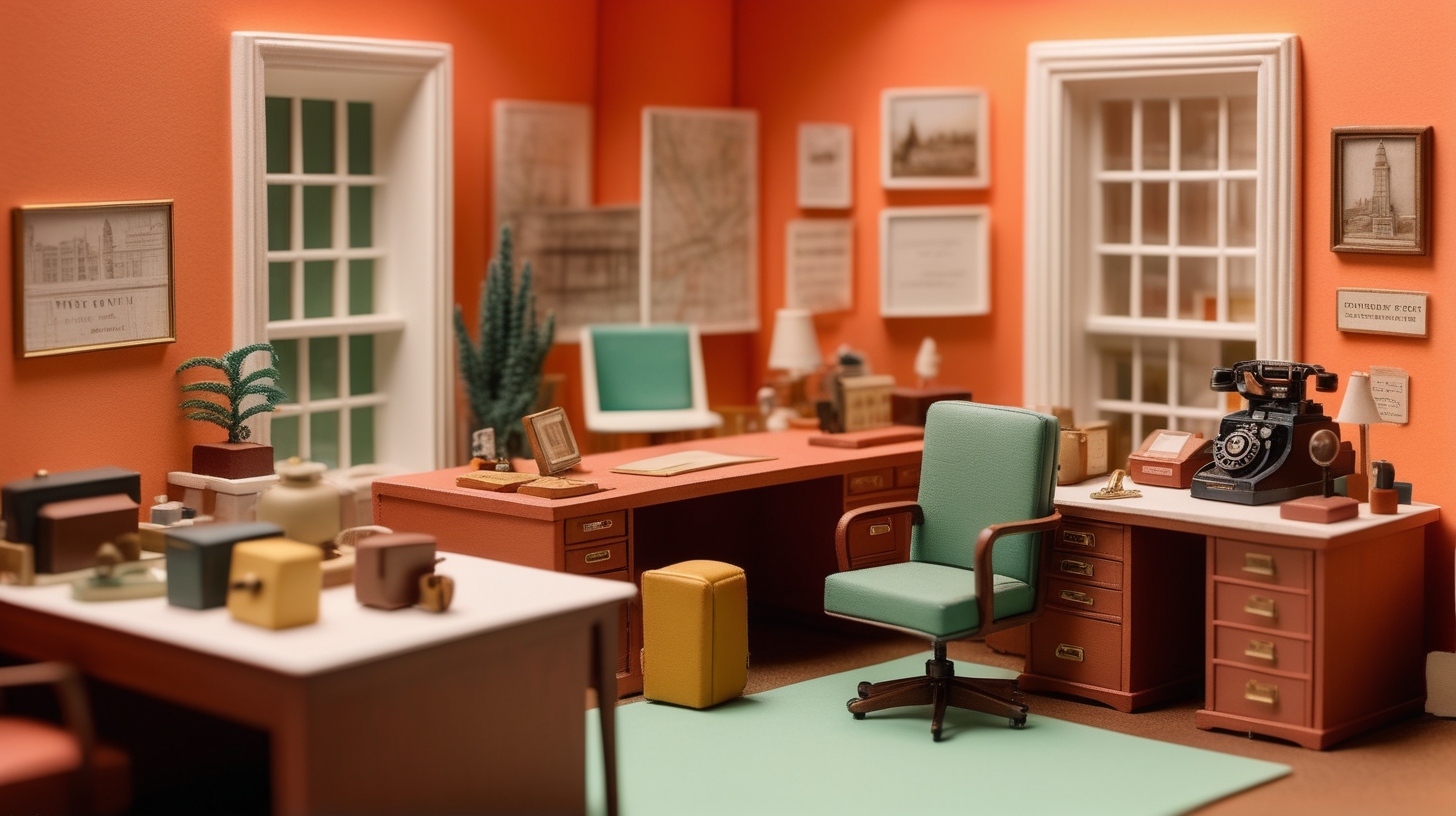 close up, high quality photograph of a diorama  of an design company office in the style of a wes anderson movie
