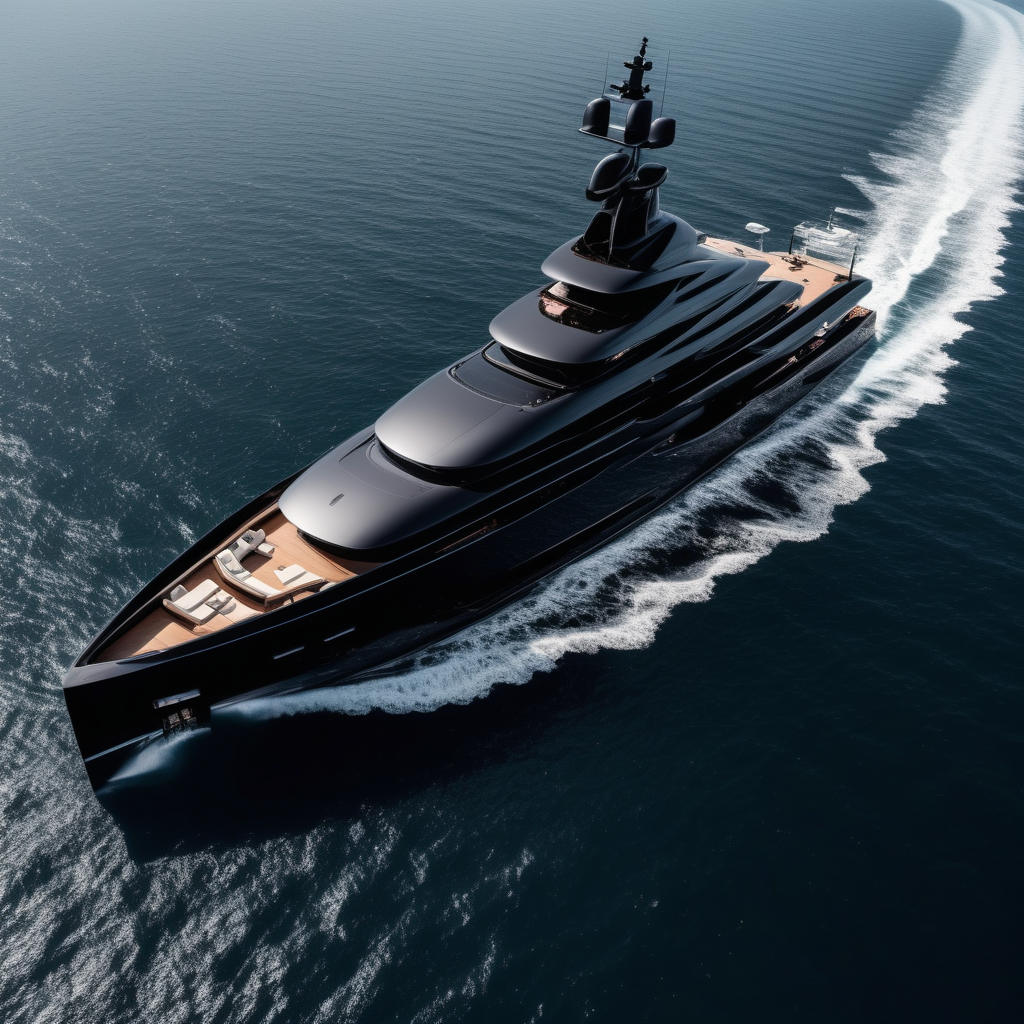 show a giant yacht from a drone perspective, the yachts is black and as high as up to the sky