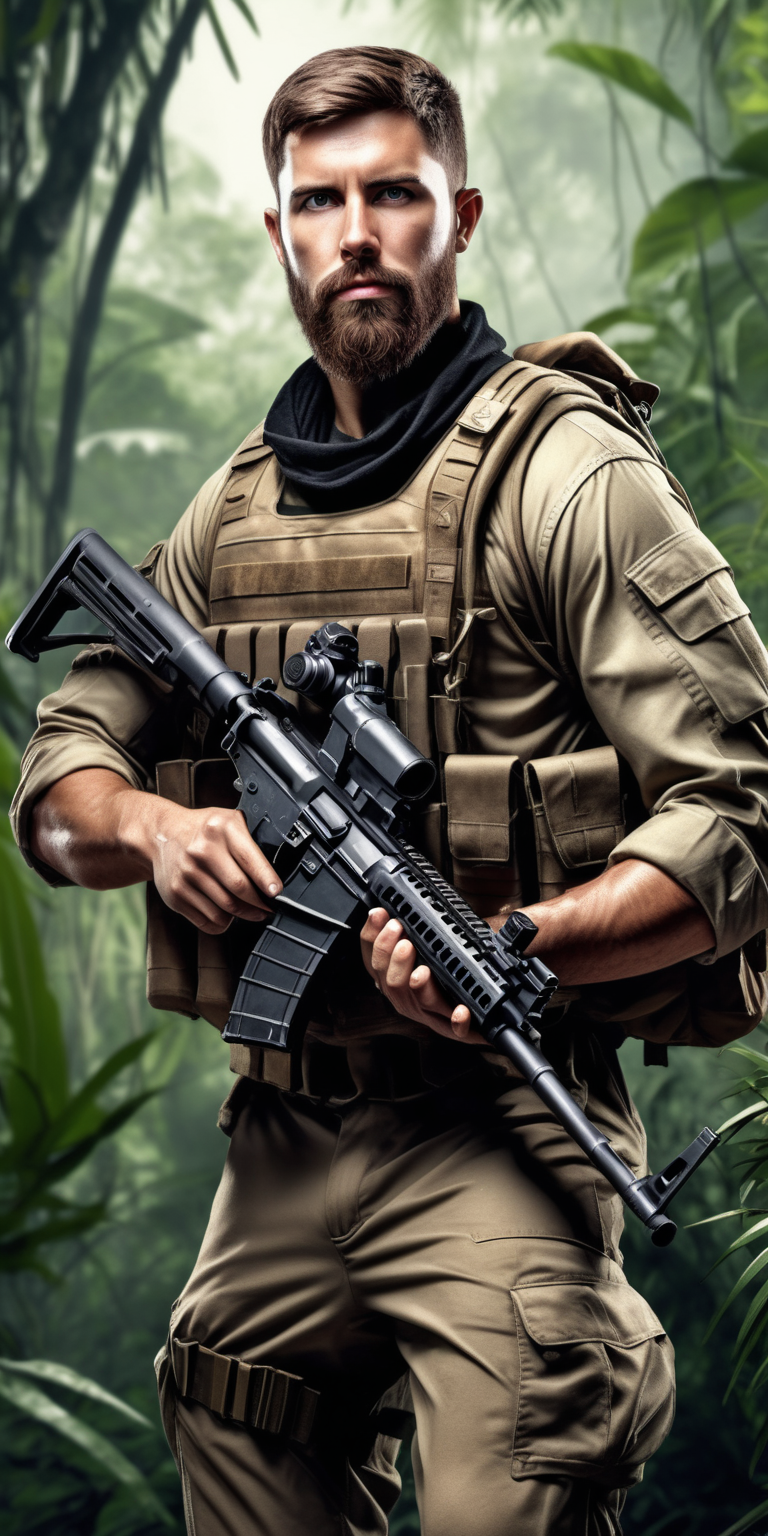 Realistic short brown haired soldier with a beard wearing black in a jungle holding assault rifle 