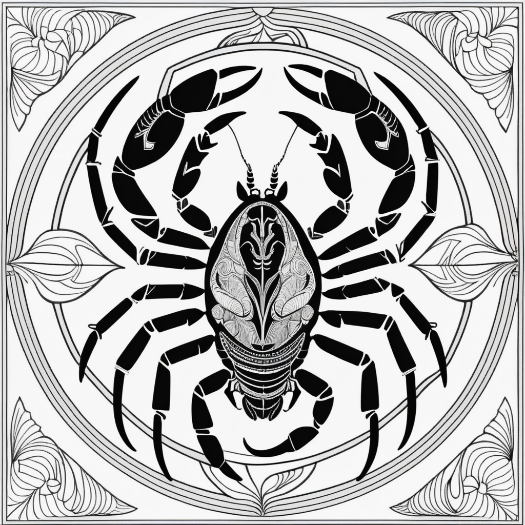 adult coloring book, black & white, clear lines, detailed, symmetrical mandala scorpion