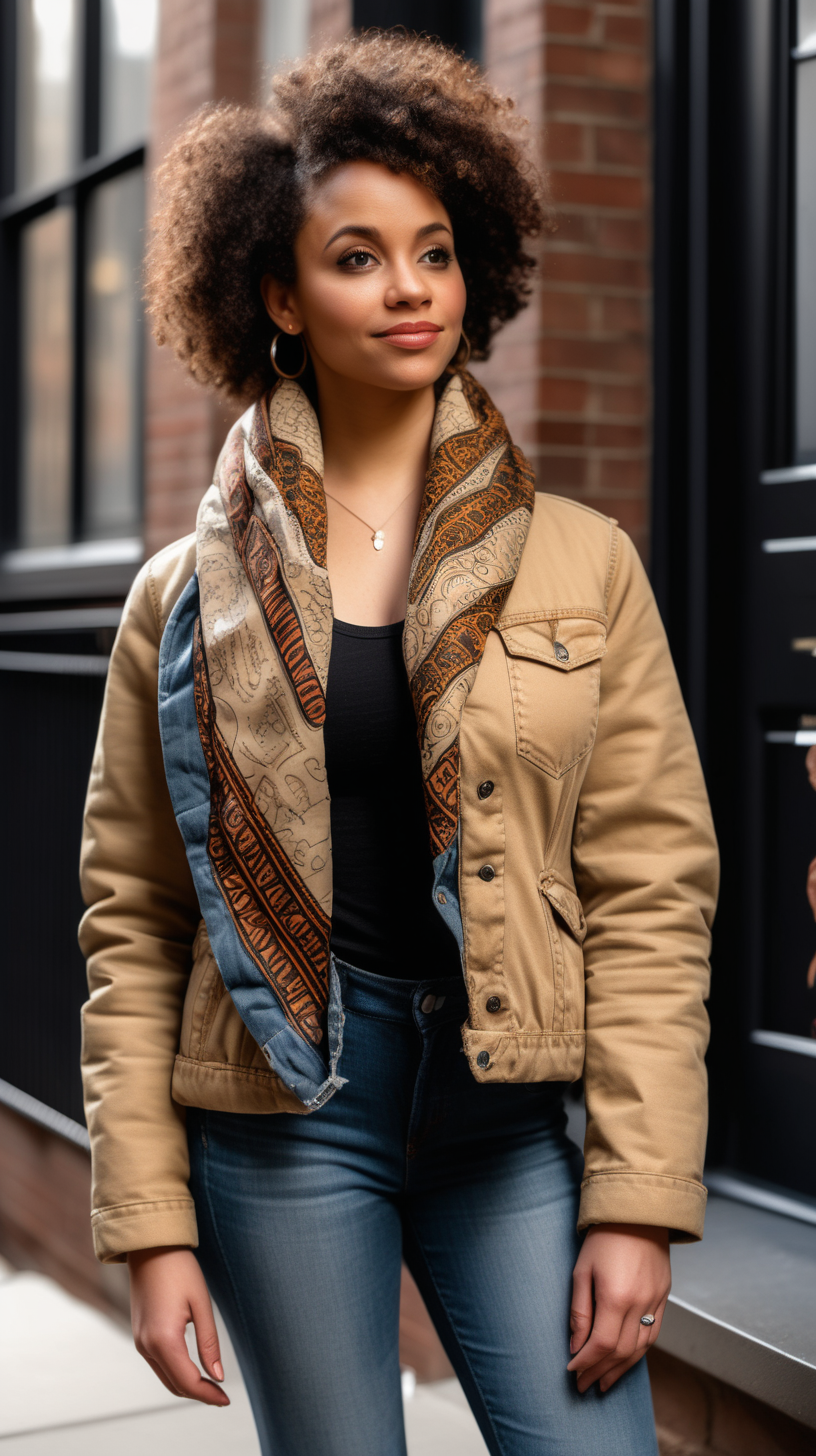 A beautiful, light skinned woman, wearing curly hair, Facing the camera, wearing an African printed scarf, wearing a Beige, Levi denim jacket reimagined into a waist length, down filled jacket, with brown fur shawl collar, African printed fabric inserted in various places, show Front, Back, and Side views, standing on the stoop of a Brownstone in Harlem NY, holding a Rottwieler puppy, ultra4k, high definition, hyper realistic