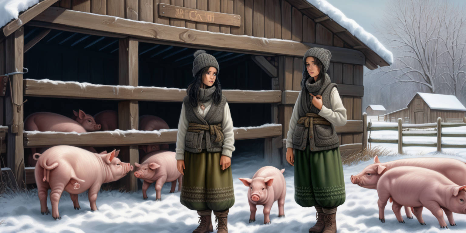 A beautiful peasant woman with long black hair and green eyes works in the pen in front of the barn. Around her are piglets - small and pink. Everything is in mud. The barn is surrounded by a fence of old wooden posts and wire mesh. It's winter, everything is covered with a thick layer of snow. Mud and snow mix. The peasant woman has put on low to the ankle black rubber shoe on her feet. Brown coarsely knitted woolen socks stick out from them - up to the middle of the leg and. On top of them, to keep her warm, she has put on green - brown, very wrinkled and crumpled woolen knitted gaiters. It is worn with thick elastic leggings, over it there is a shotr knitted skirt in black and brown. A chunky brown-gray wool sweater with a chin-high collar is snug around her. over it she wore an off-white furry sleeveless sweater with a triangle neckline. Above all this is a short  quilted waistcoat in green which is unbuttoned. On his head he wears a thick knitted woolen gray hat - an ushanka. He also has a thick scarf sloppily draped around his neck. He also wears gray knitted woolen fingerless gloves. across the waist, a thin hemp rope is wrapped 2-3 times. Tied on back hands. Shibari style.