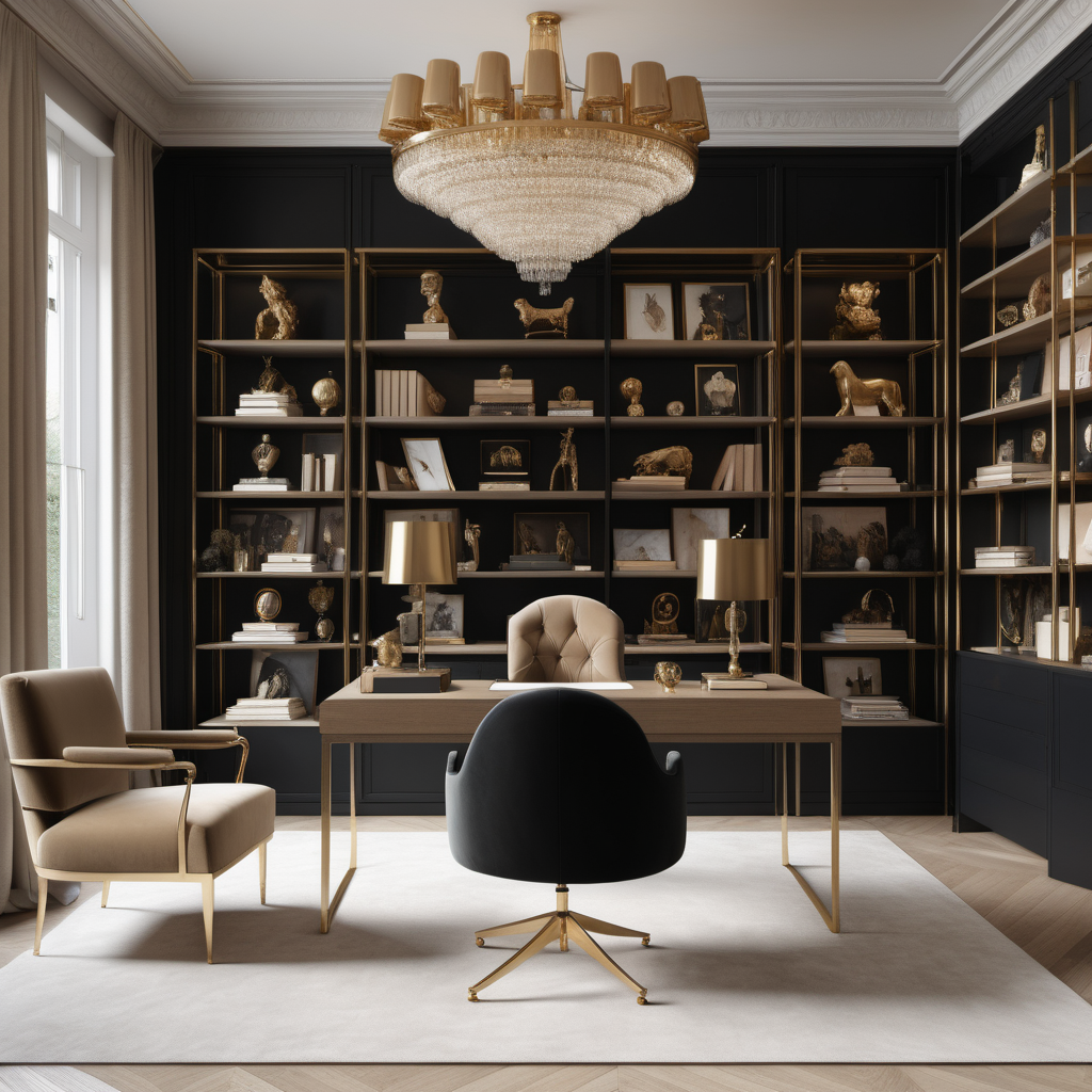 hyperrealistic image of a grand, elegant modern Parisian home office interior with floor to ceiling brass shelves full of trinkets and books, a modern chandelier, a velvet desk chair, a statement piece of art, in a beige, light oak, black and brass colour palette, suede