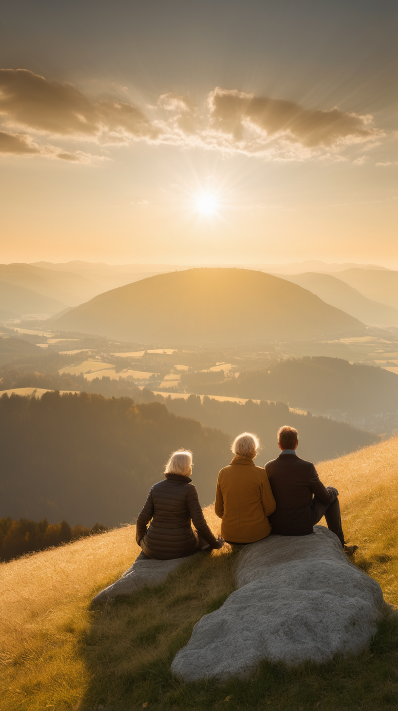 woman and man sitting on a mountain hill, looking at the reddish gold sunset clouds, very beautiful