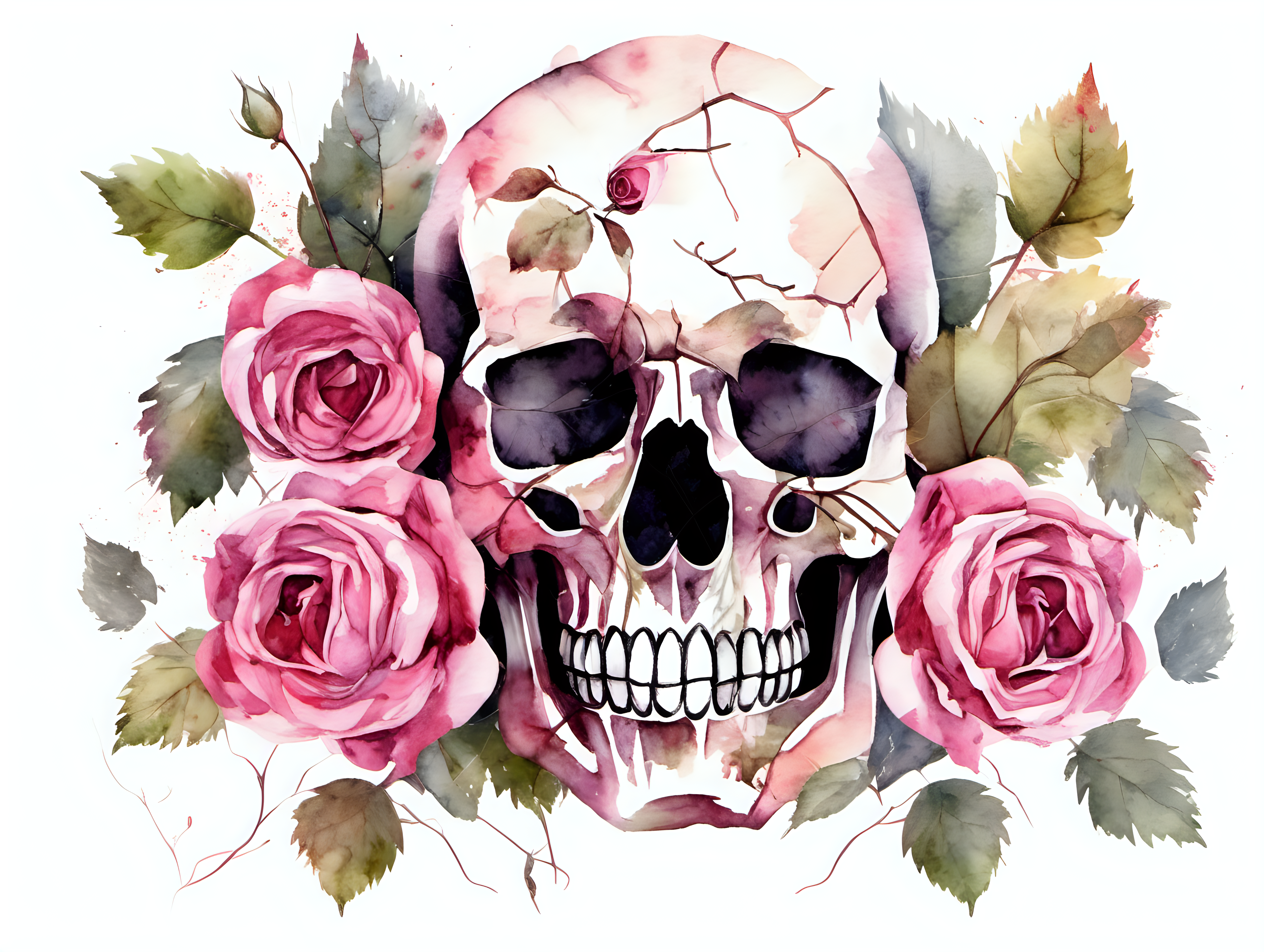 Skull with rose vines in the style of watercolor, on a white background