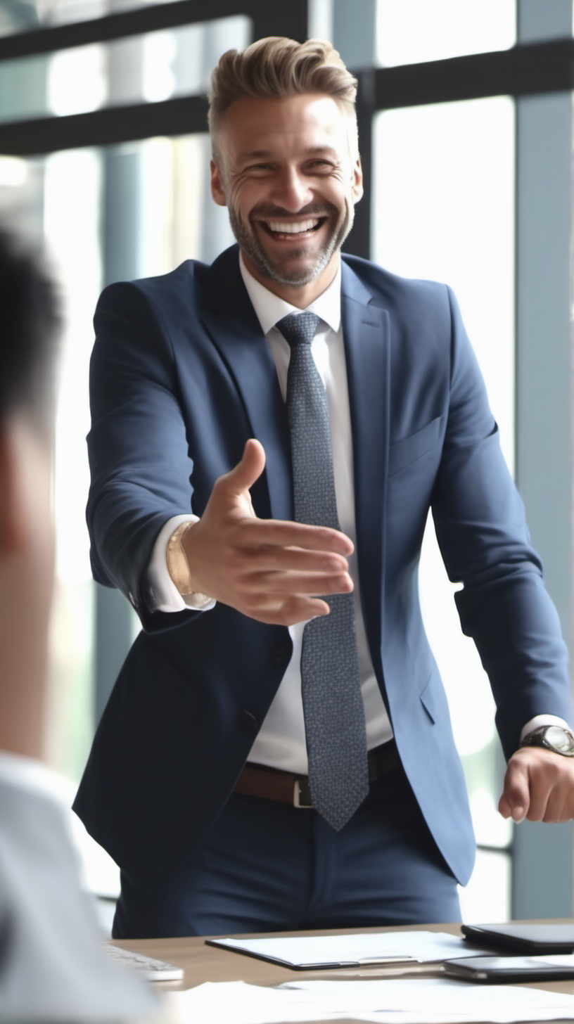 successful businessman shaking hands making a big deal; he's smiling and excited; wearing a suit; candid; 4k