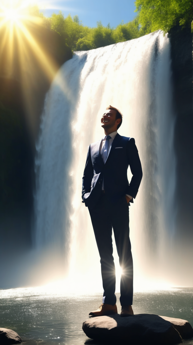 man in a suit with a waterfall behind him, he's glowing sun rays out of him, looking very happy 4k