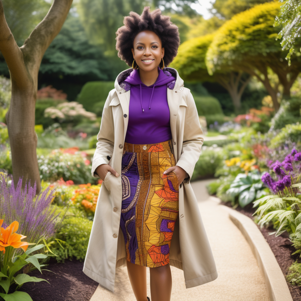 Beautiful, fit, Black woman, wearing a low haircut and African print Skirt, wearing a Beige, waist length hooded coat with African print material in various areas of the garment, wearing a purple, knit dress shirt, wearing cream colored denim with African print material  inside the pockets,  Vibrant images that represent African heritage, In a lush colorful botanical garden, looking to the left, 4k, high definition, high resolution, sunny day light source from above center