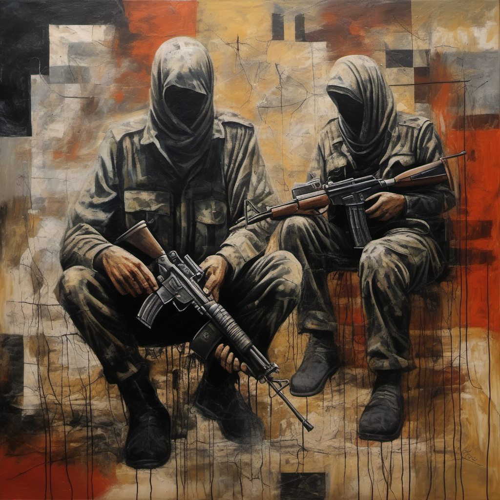 Psychological Warfare: An eerie, abstract painting representing the psychological impact of conflict in Gaza, with distorted figures and disorienting patterns, symbolizing the unseen scars of war.

