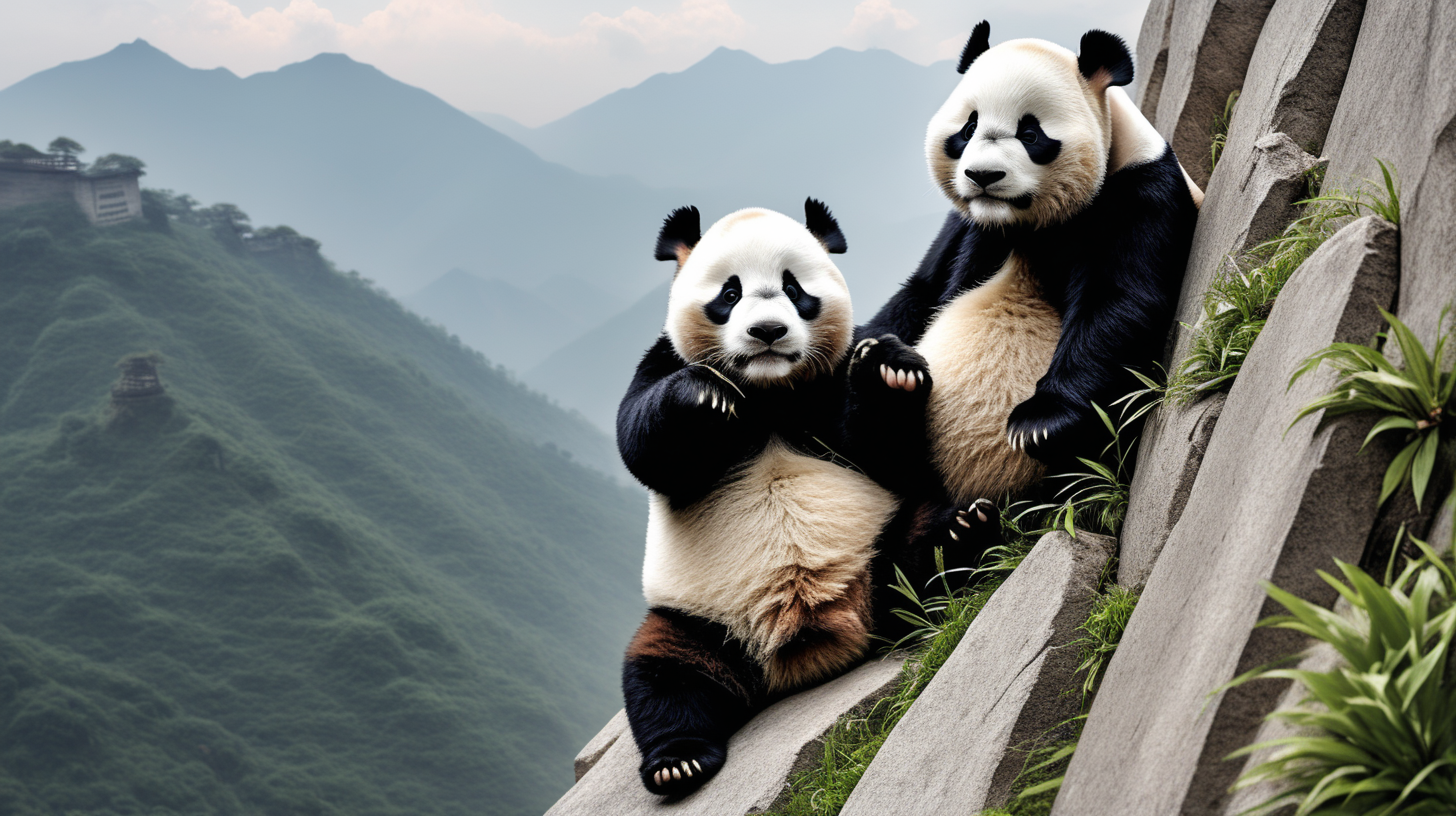 2 pandas climbing a mountain