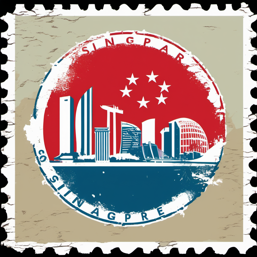 stamp with singapore skyline,singaporean flag colours, abstract, colourful, disstressed edges
