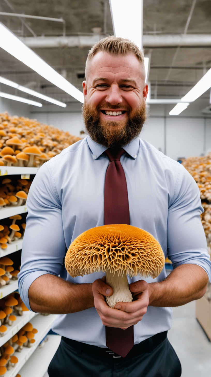 Man conquering his day at work holding lionsmane mushroom 