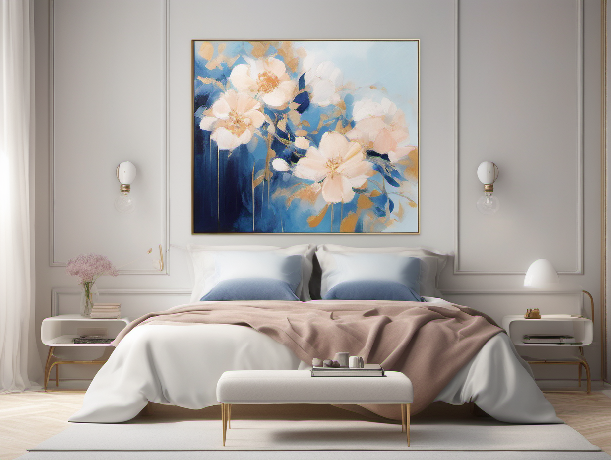 Place the "Tranquil Serenity - A" （5cm in the width and 5cm in the length）painting within a bedroom, adjusting its scale while maintaining its proportions. This artwork, alive with azure, navy, and sky blue, touched by peach, lavender, and ivory, brings an abstract vision of a blooming garden. Frame it in gold to accentuate its timeless elegance. Set this canvas in a minimalist, well-lit living space that exemplifies a modern and simplistic ambiance, allowing the painting to infuse the bedroom with its calm and creative spirit.
