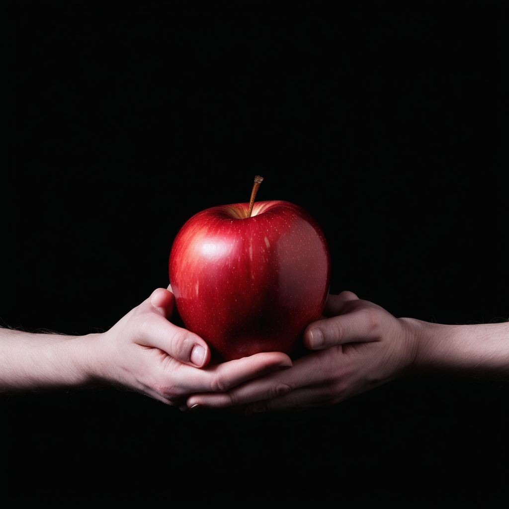 hands holding a red
 apple against black background
