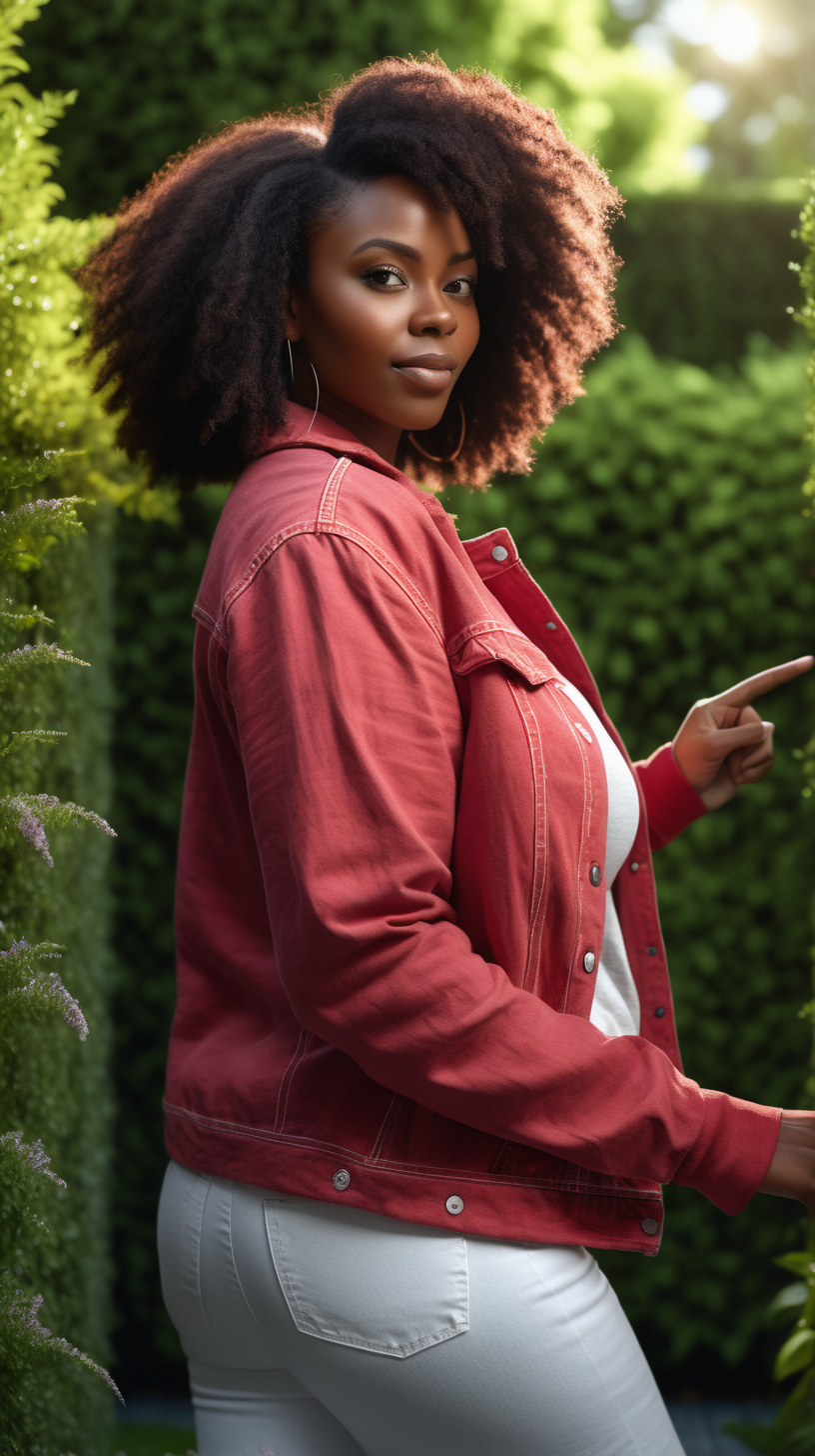 A beautiful, Black woman, standing against a lush garden background, Facing the camera straight ahead, wearing a Heather Red, long sleeve, tee shirt, wearing a white, denim jacket, lighting is over the left shoulder, from behind, pointing down ultra 4k render, high definition, deep shadows