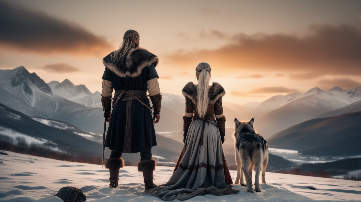 the photo is taken in snowy landscape with mountains in the distance sunset. one beauty woman is standing, a man is on her side. both are watching to the mountains. The photo was take from behind them. The woman is wearing viking indumentary, without weapons, white straight hair. The man wear viking indumentary too. there is a wolf sitting next to them. The lighting in the portrait should be dramatic. Sharp focus. A ultrarealistic perfect example of cinematic shot. Use muted colors to add to the scene.
