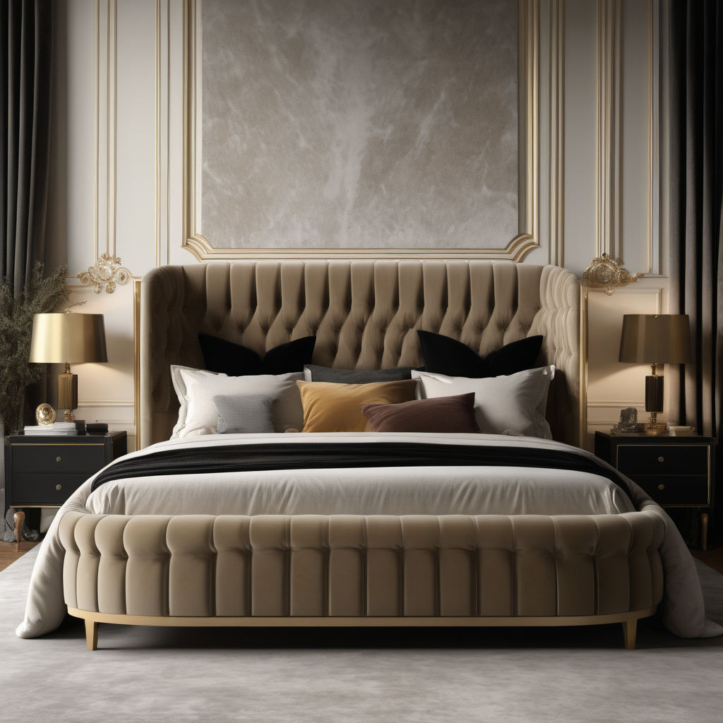 a hyperrealistic image of a velvet modern Parisian  king bed  in dusty beige, oak, black and brass 
