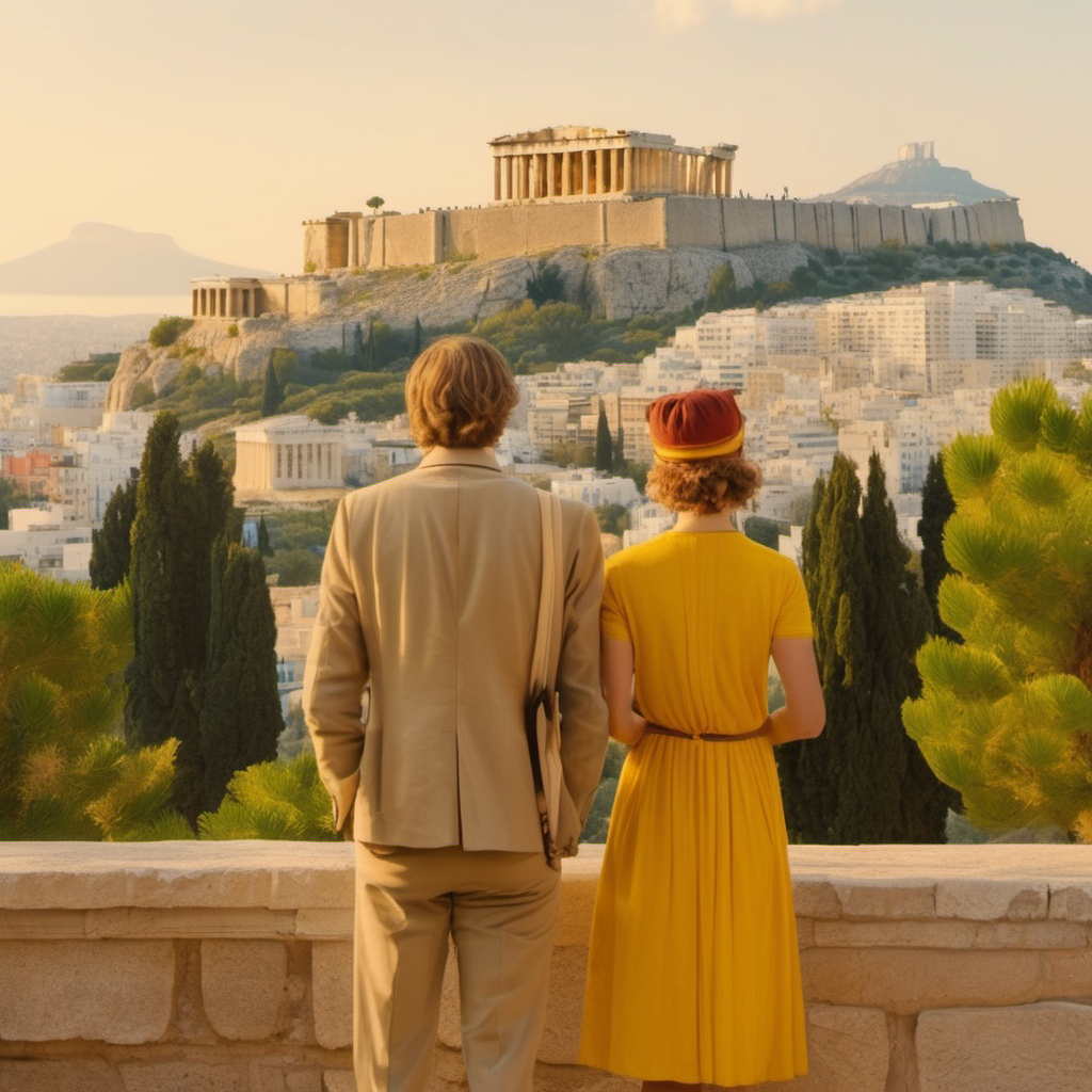 Young German-Indian couple in Athens, Akropolis and olive trees in the background, dawn, Wes Anderson setting