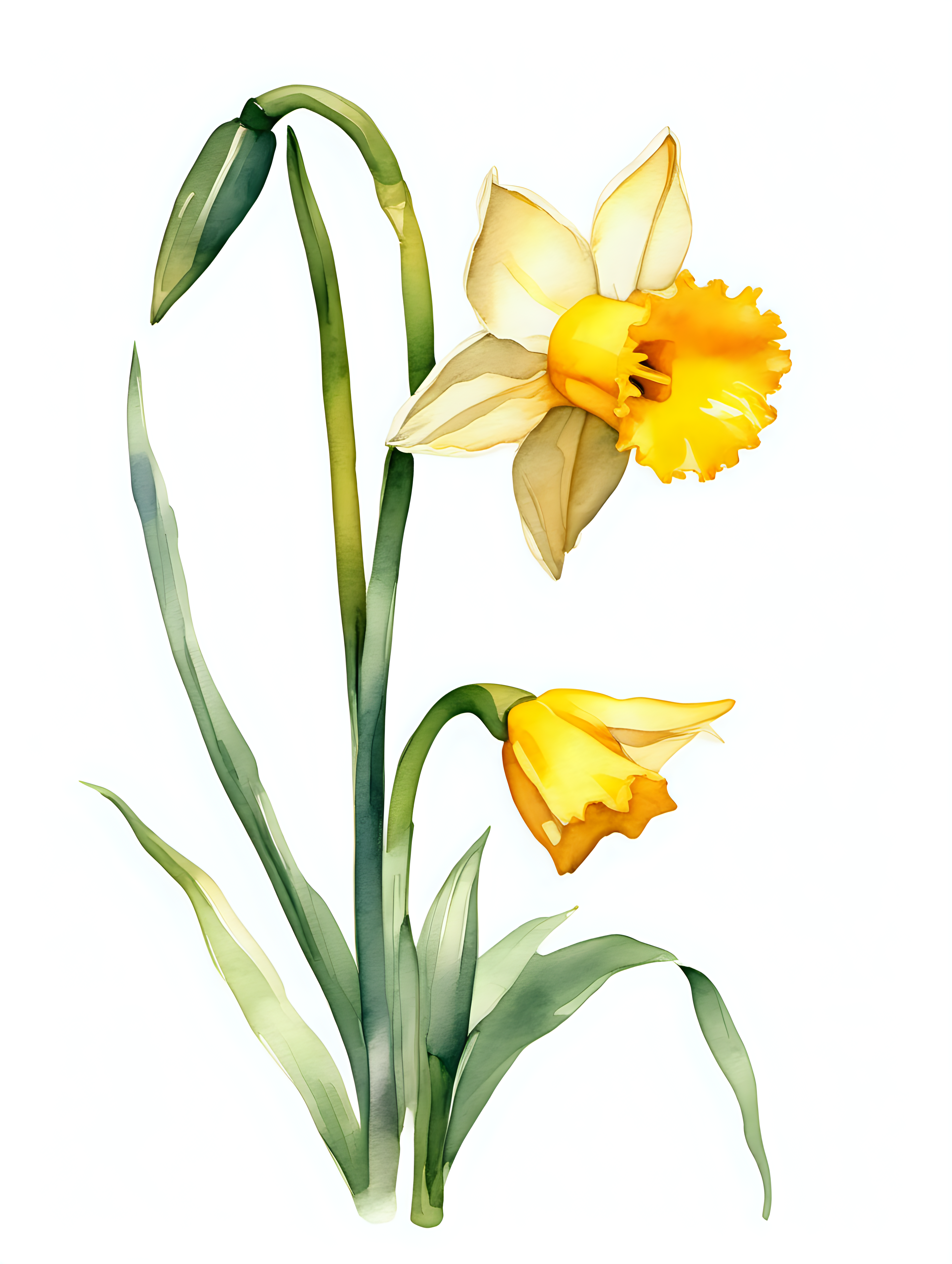 simple single daffodil, watercolor style, with a white background