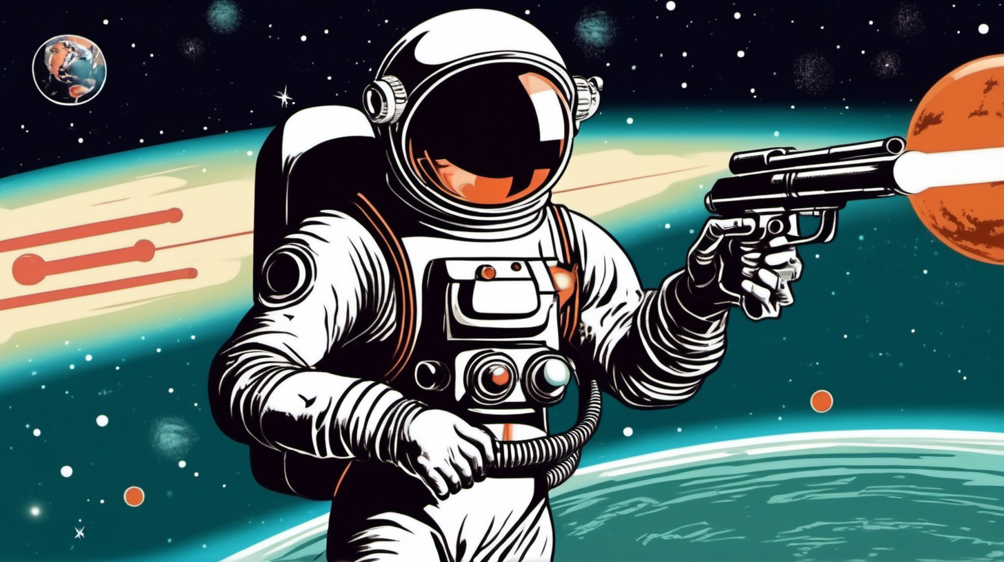 A 1950's-era science fiction spaceman floating in space, holding a laser gun, a ringed planet behind him. Vintage Retro style.