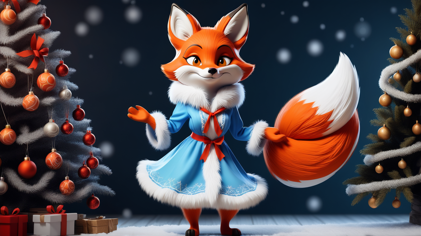 Хитрая лиса надела костюм снегурки и стоит на двух ногах около елки