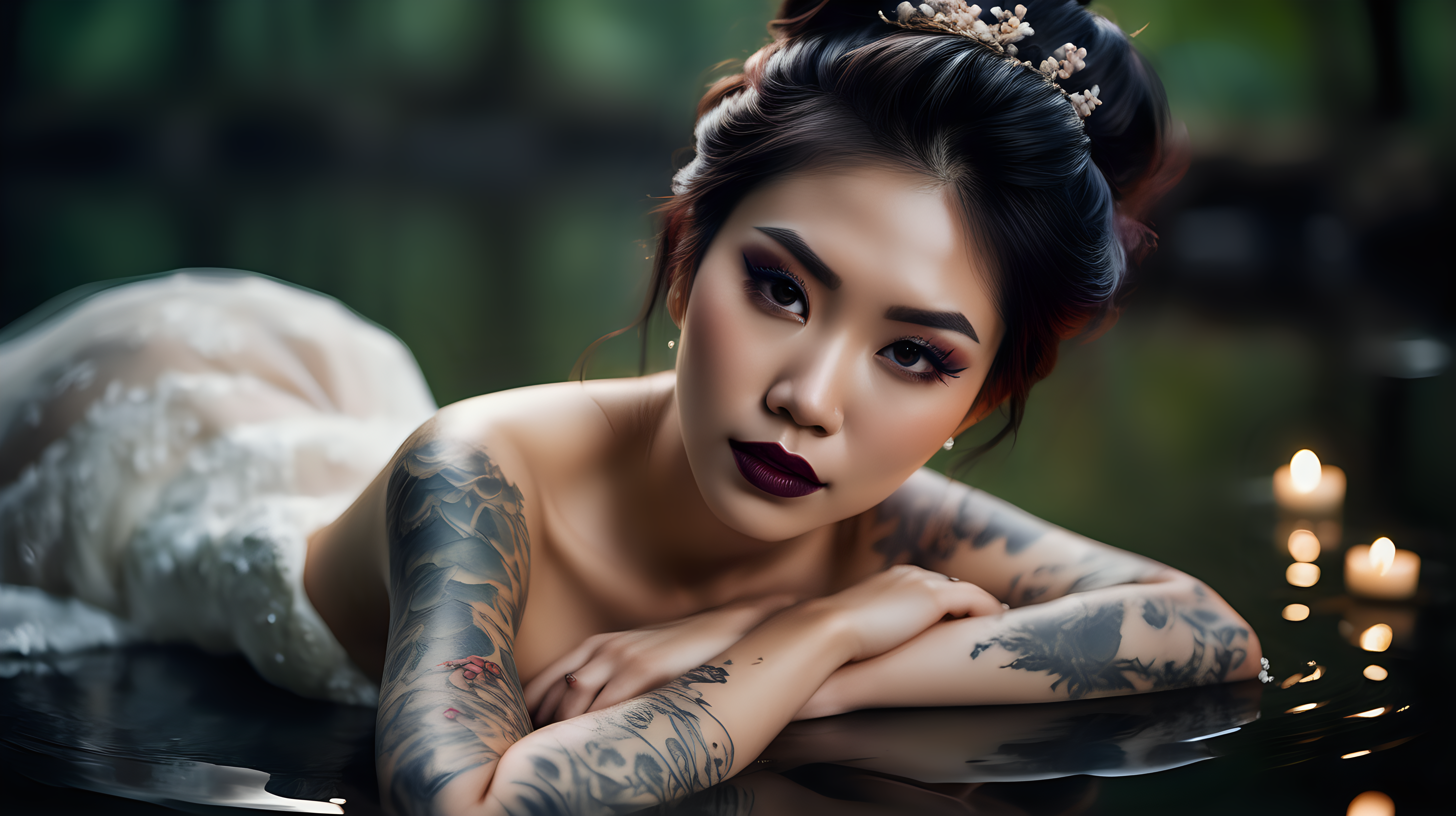 Beautiful Vietnamese woman, body tattoos, dark eye shadow, dark lipstick, hair in a messy updo, wearing a gorgeous wedding dress, bokeh background, soft light on face, laying on her back in a lake in front of elaborate candlelit forest wedding, photorealistic, very high detail,  Aerial view photo