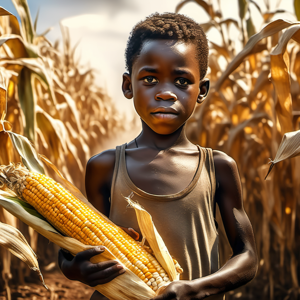 powerful 4k realism realistic Image of an African kid carrying corn in his hands 