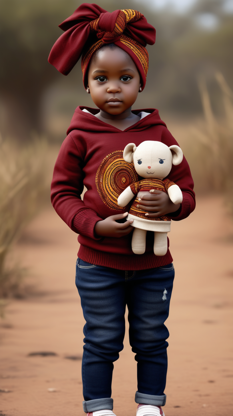 A pretty, young little black girl wearing an African print head wrap, wearing a Deep Red, hooded, knit sweater, wearing Dark Navy blue denim jeans, standing in Africa, holding a small doll, 4k, realism, high definition clarity, brilliance