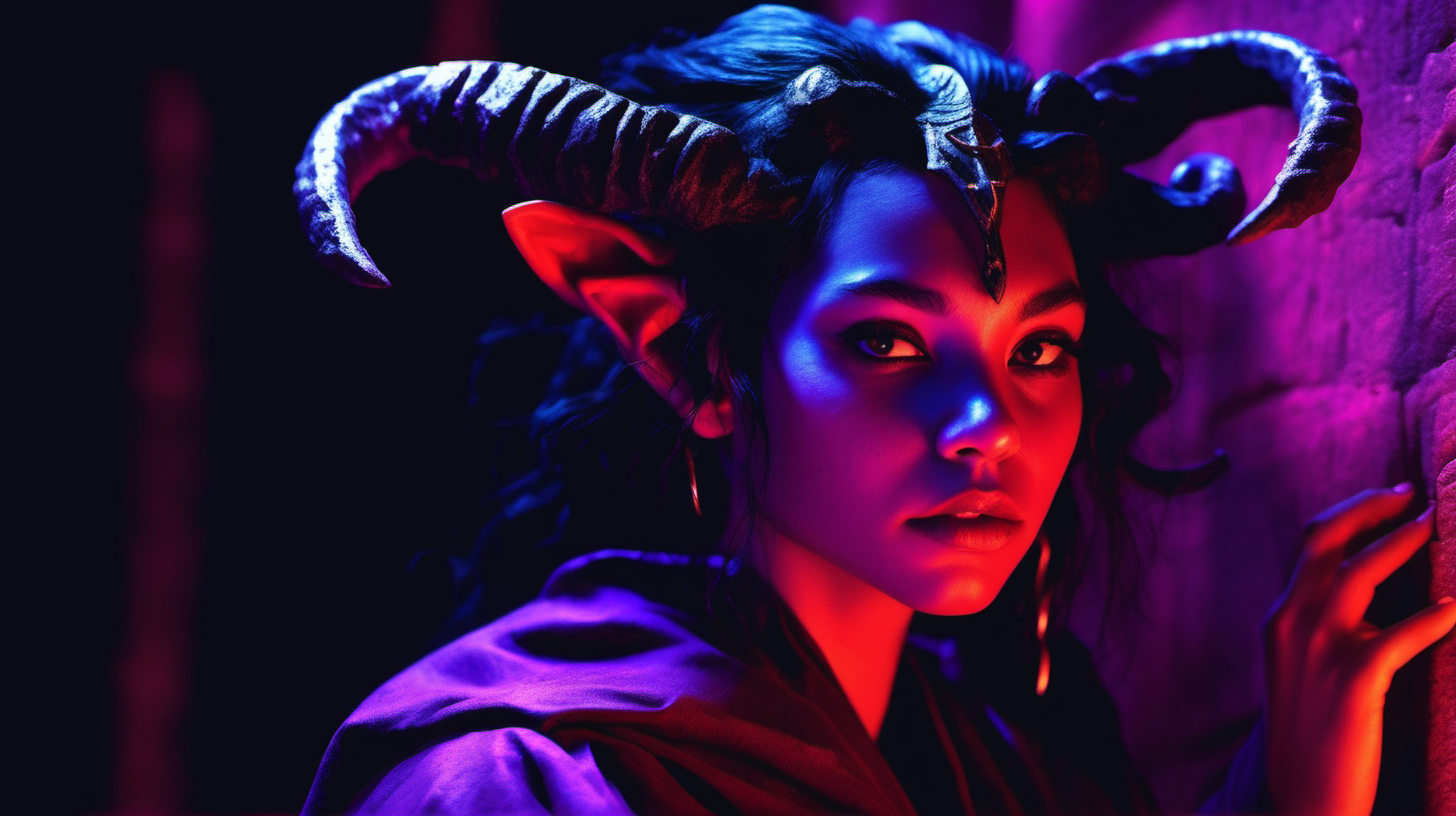 a beautiful female teenage tiefling with purple skin in robes with black hair in profile, lit by red light underground