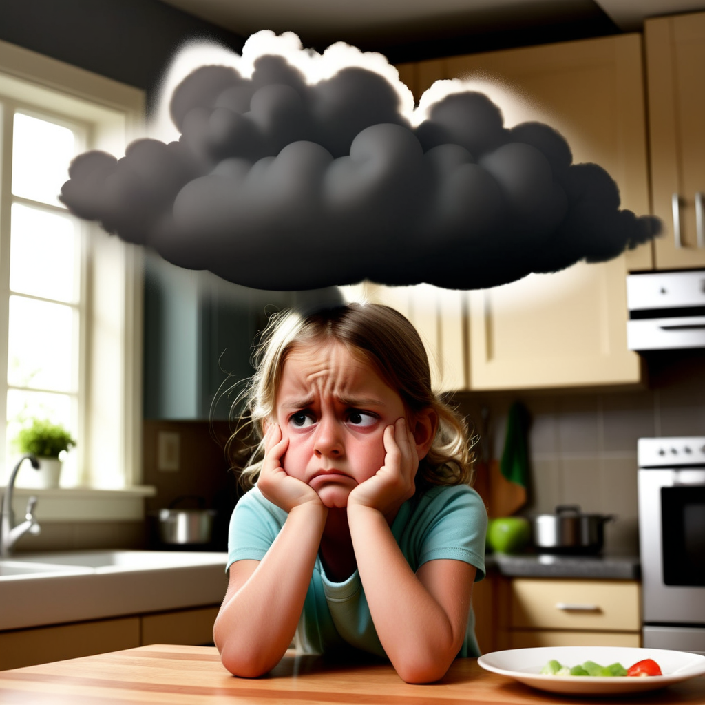 sad child with a dark cloud over their