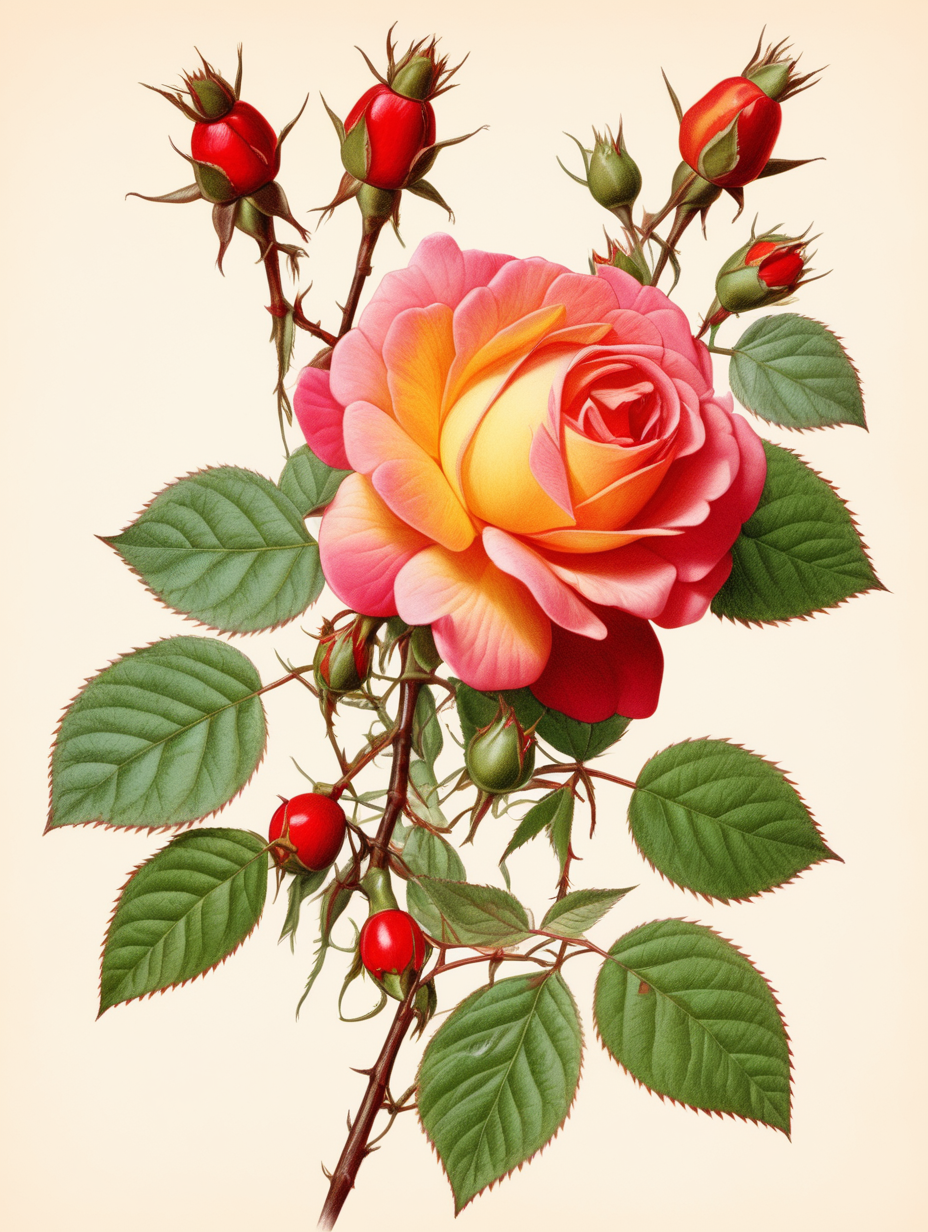 climbing rose with rose hips, plant botanical illustration 
