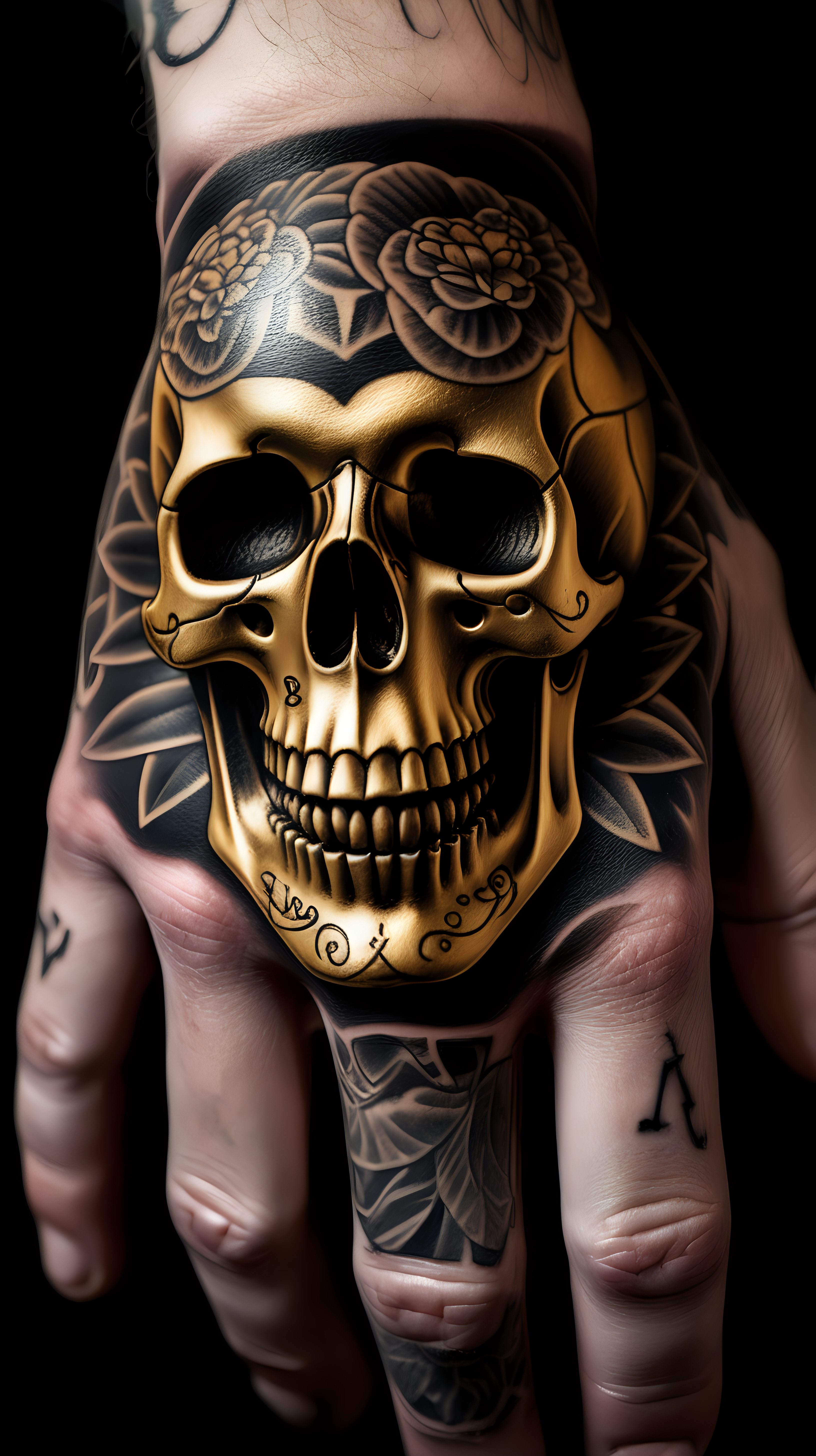 /imagine prompt : An ultra-realistic photograph captured with a canon 5d mark III camera, equipped with an macro lens at F 5.8 aperture setting, The camera is directly in front of the subject, capturing a vintage classic tattoo machine ,a pattern of the skull is engraved on it's golden tattoo grip , grabbed by a wearing black nitrile gloves hand.
the hand is blurred and the focus sets on tattoogun's grip.
Soft spot light gracefully illuminates the subject and golden grip is shining. The background is absolutely black , highlighting the subject.
The image, shot in high resolution and a 16:9 aspect ratio, captures the subject’s  with stunning realism –ar 9:16 –v 5.2 –style raw
