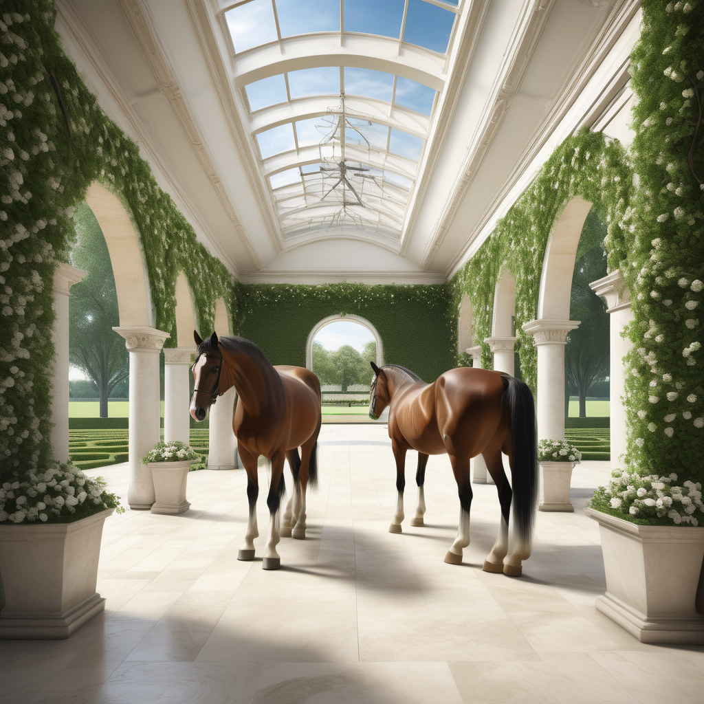 A hyperrealistic image a grand Modern Parisian etsate elegant large open horse stables with clydesdale horses, star jasmine vines limestone flooring, open to the beautiful sprawling manicured lawns