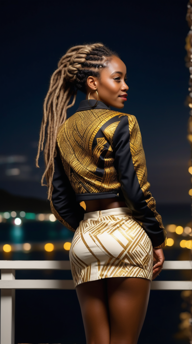 Elegant black woman wearing braided dreadlocks wearing gold