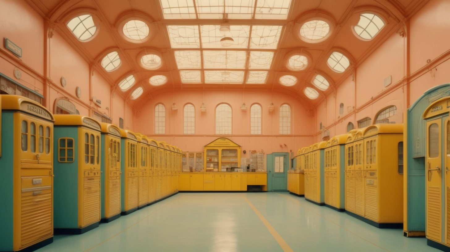 high quality photograph of an old post office box depository in the style of a wes anderson movie
