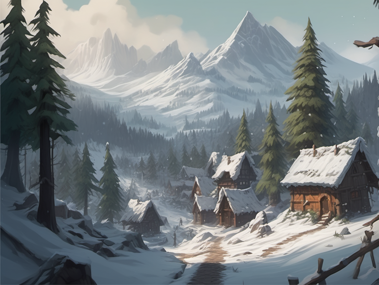 In a Dungeons & Dragons fantasy style. The edge of a village settlement a trail leads into a forest. It is winter so there is snow on the ground and the pine trees have snow on them. The forest is at the base of a mountain